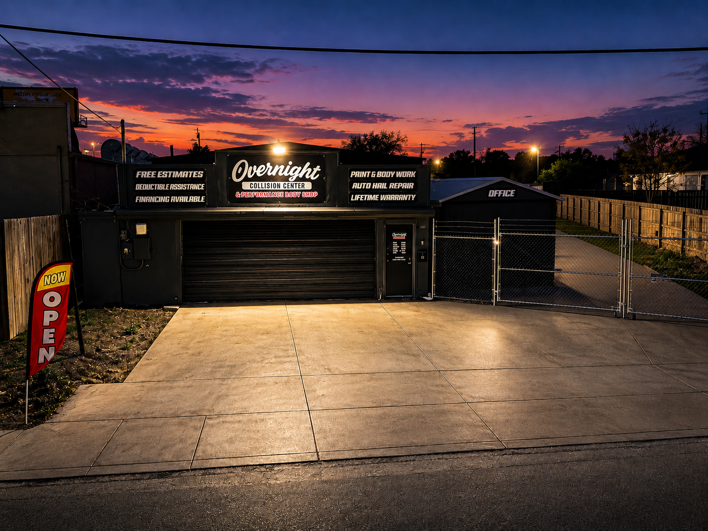 Overnight Collision Center storefront at sunset in San Antonio